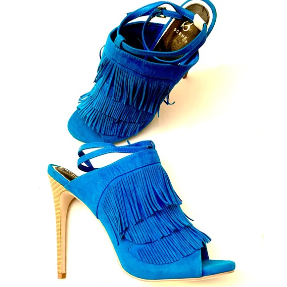 Scene “Anissa” turquoise faux suede fringe heels with wrap around ankle strap-10 - Picture 3 of 12